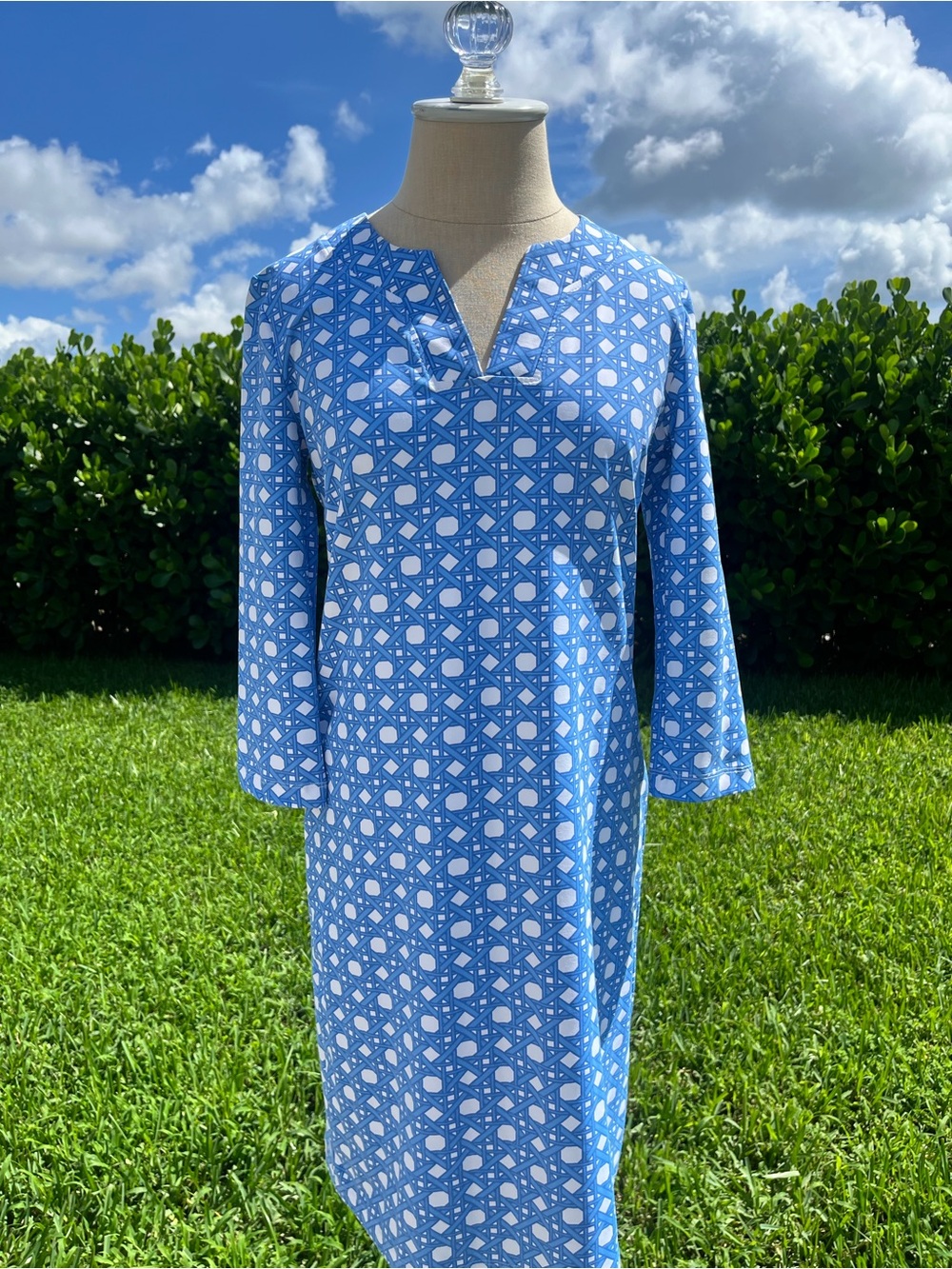 Women’s Blue Geometric Long-Sleeve Shift Dress